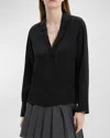 Theory Notch Collar Silk Button-up Shirt In Black