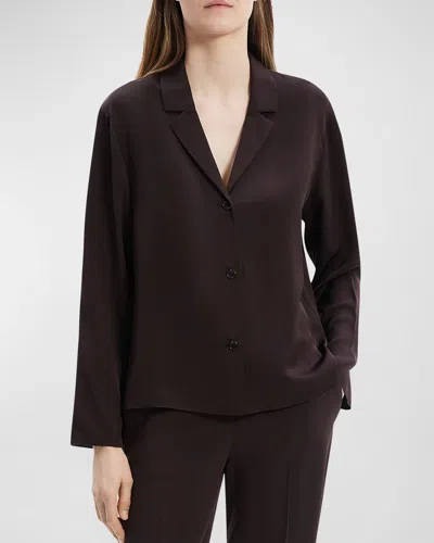 Theory Modern Silk Georgette Lapel-collar Blouse In Brown
