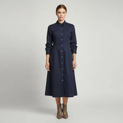Pre-owned Theory Navy Blue Poplin Ruched Sleeve Midi Shirt Dress S