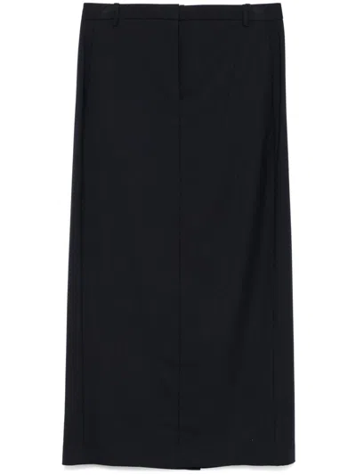 THEORY NAVY BLUE WOOL TWILL MIDI SKIRT