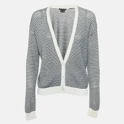 Theory Navy Blue/white Striped Knit Cardigan In Black