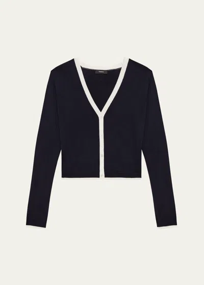 Theory Neo Bering Tipped Wool-blend Cardigan In Navy/ivory