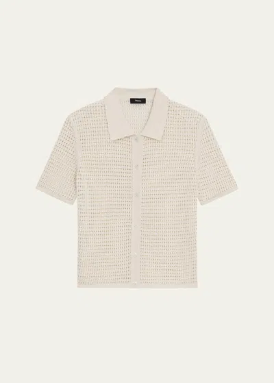 Theory Neo Harbor Chain Mesh Short-sleeve Linen-blend Shirt In Bone