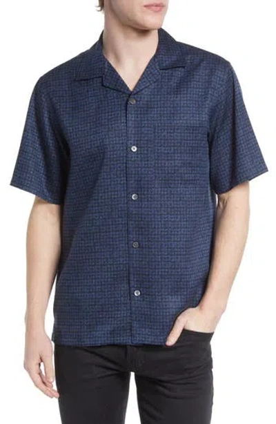 Theory Noll Geo Print Short Sleeve Button-up Camp Shirt In Baltic/sargasso