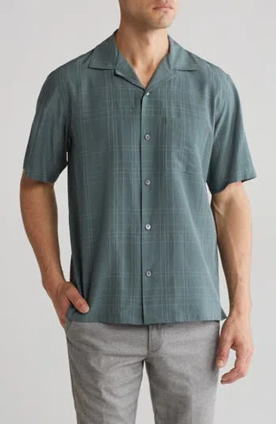 Theory Noll Grid Short Sleeve Button-up Shirt In Balsam Green/ivory
