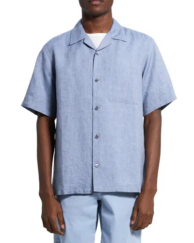 Theory Noll Linen Woven Shirt In Blue