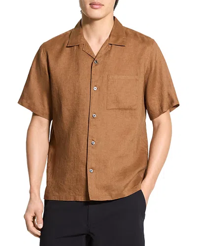 Theory Noll Short Sleeve Button Front Linen Camp Shirt In Brown