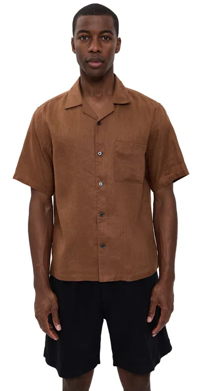 Theory Noll Short Sleeve Camp Collar In Relaxed Linen Deep Tobacco