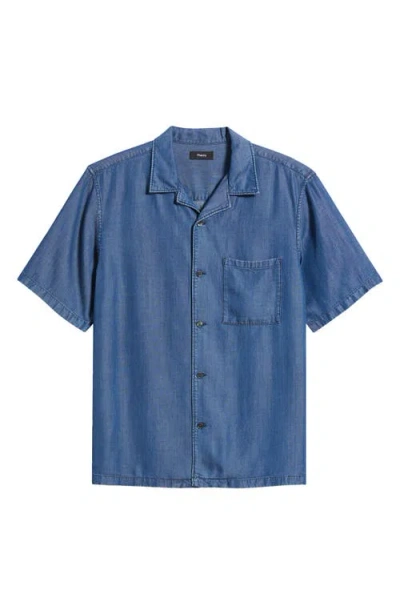 Theory Noll Short Sleeve Camp Shirt In Dark Wash