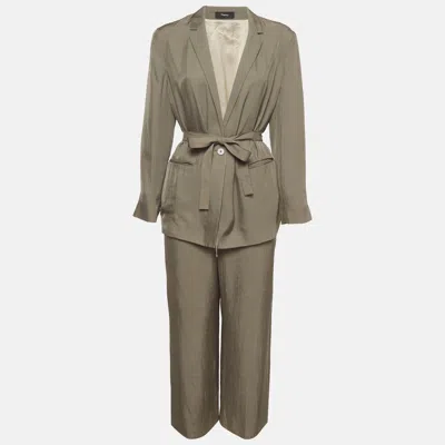 Pre-owned Theory Olive Green Sateen Belted Blazer And Pants Set M