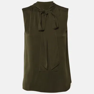 Pre-owned Theory Olive Green Silk Tie Neck Sleeveless Top S