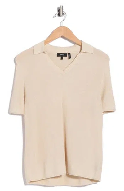 Theory Open Collar Short Sleeve Sweater In Neutral