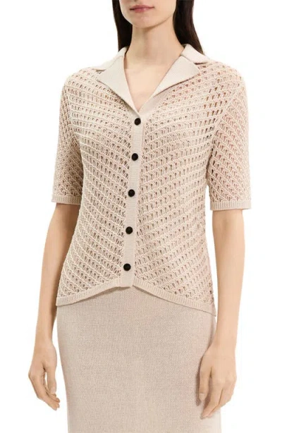 Theory Openwork Knit Camp Shirt In Gray