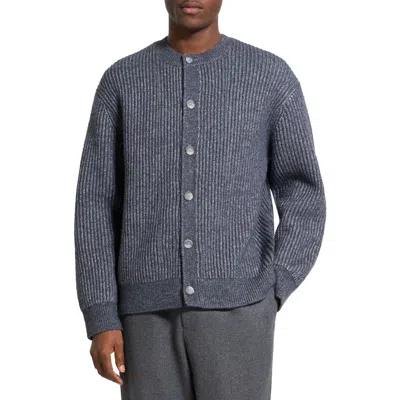 Theory Oversize Ribbed Wool & Cotton Crewneck Cardigan In Blue