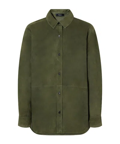 Theory Paneled Suede Shirt In Green