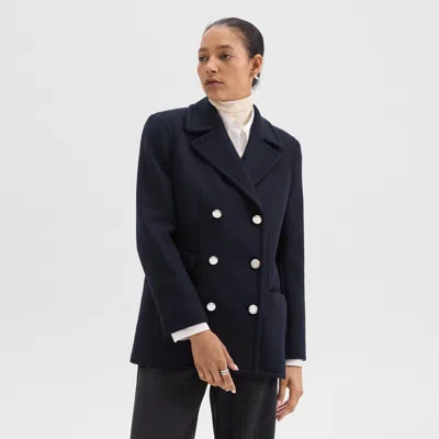 Theory Double Breasted Wool Peacoat Blazer In Baltic