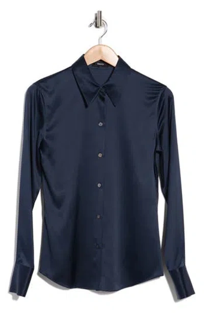 Theory Perfect Fitted Stretch Silk Button-up Shirt In Blue