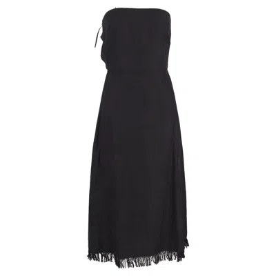 Theory Phyly Fringed Strapless Midi Dress In Black Linen