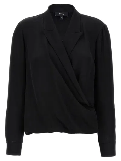 THEORY BLACK BLOUSE WITH PEAK REVERS AND CROSSOVER NECK IN SILK WOMAN