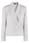 Theory Metallic Blouse With Peak Revers And Crossover Neck In M Platinum