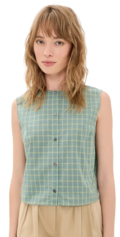Theory Plaid Button Down Tank Top Green Multi - V52