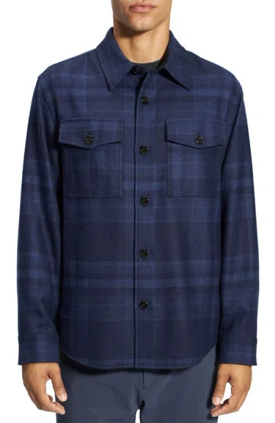 Theory Plaid Flannel Button-up Overshirt In Baltic