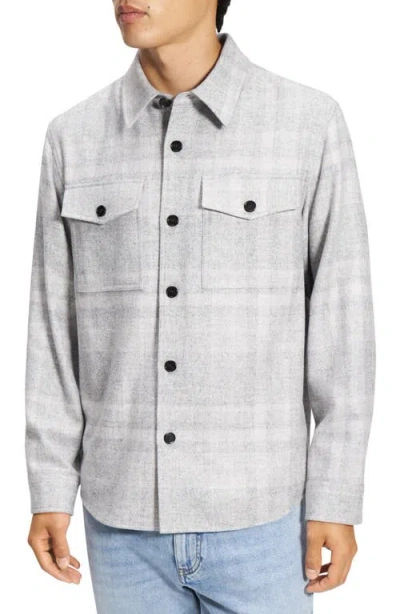 Theory Plaid Flannel Button-up Overshirt In Light Grey Melange