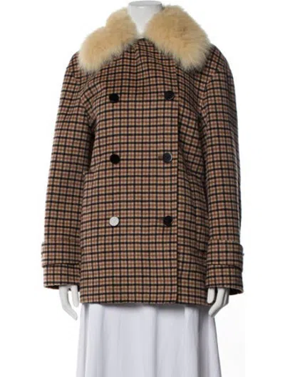 Pre-owned Theory Plaid Print Peacoat In Brown/neutrals