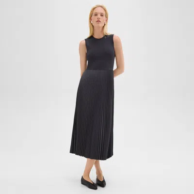 Theory Pleated Combo Dress In Stretch Wool-blend In Blue