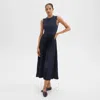 Theory Pleated Combo Dress In Textured Satin In Nocturne Navy