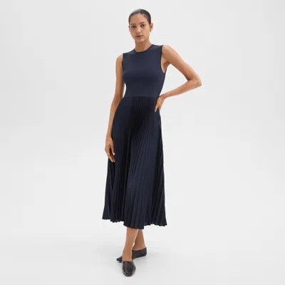 Theory Pleated Combo Dress In Textured Satin In Nocturne Navy