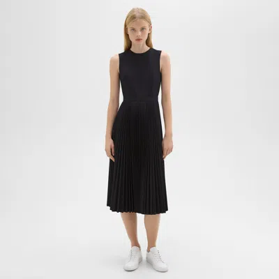 Theory Pleated Midi Dress In Sleek Poplin In Black