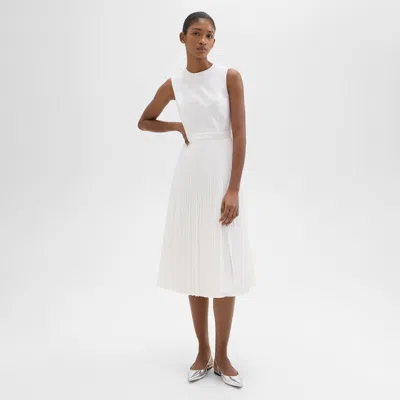 Theory Pleated Midi Dress In Sleek Poplin In White