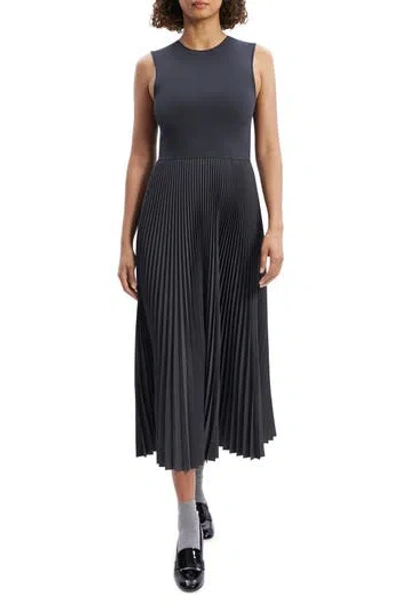 Theory Pleated Mixed Media Midi Dress In Blue