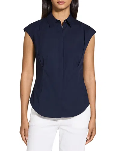 Theory Cinched Cap Sleeve Shirt In Good Cotton In New Navy