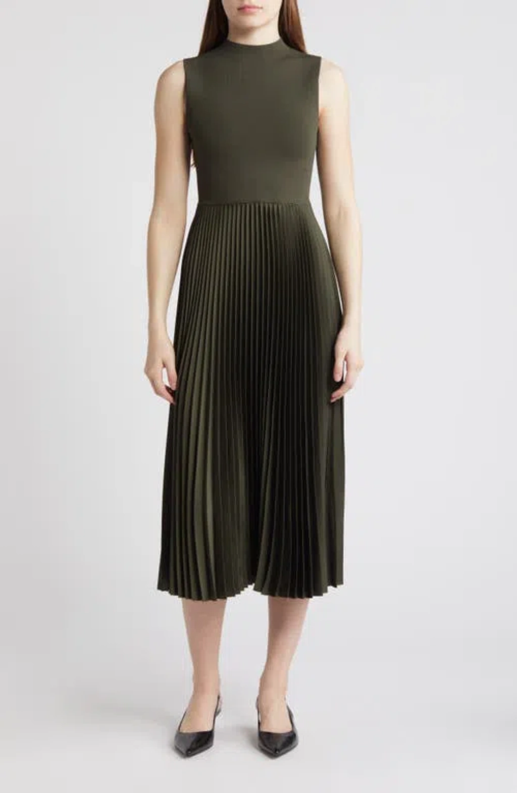 Theory Pleated Sleeveless Mock Neck Midi Dress In Dark Olive | ModeSens