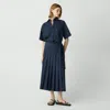 Theory Pleated Wrap Dress In Sleek Poplin In Nocturne Navy