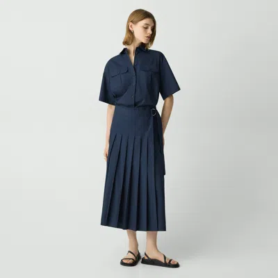 Theory Pleated Wrap Dress In Sleek Poplin In Nocturne Navy