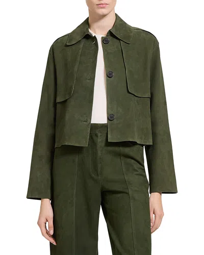 Theory Reece Cropped Leather Trench Coat In Green