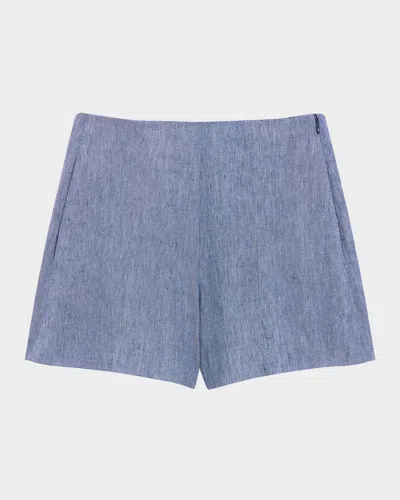 Theory Pleated Linen Blend Shorts In Light Denim