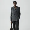 Theory Relaxed Double-breasted Blazer In Marled Flannel In Gray