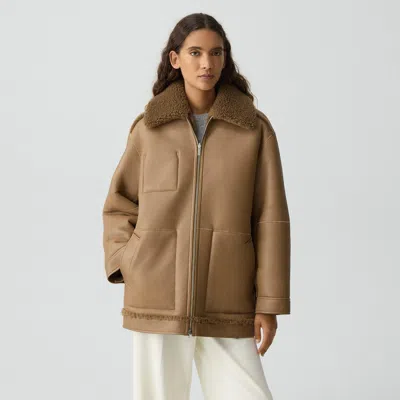 Theory Reversible Cocoon Coat In Shearling In Brown