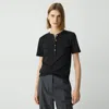 Theory Ribbed Henley Top In Compact Stretch Knit In Black