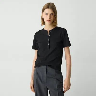 Theory Ribbed Henley Top In Compact Stretch Knit In Black