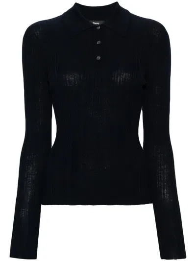Theory Ribbed-knit Polo Shirt In Blue