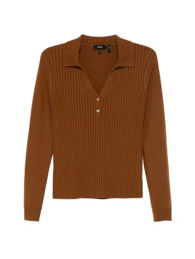 Theory Ribbed Polo Top In Brown