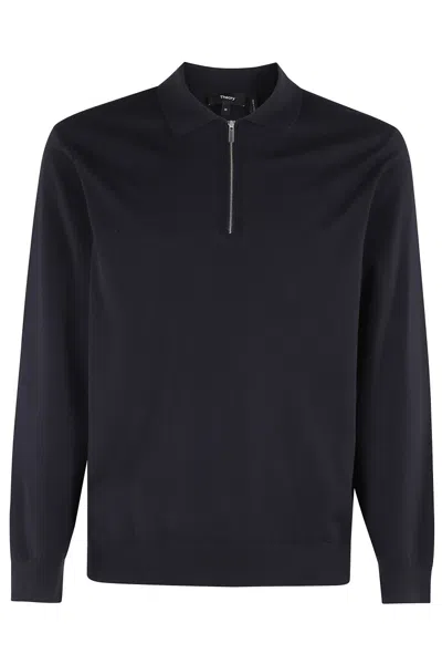 Theory Ribbed Trims Mid-zip Polo In Stretch Knit Fabric In Blue
