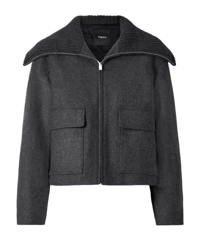 Theory Ribbed Wool Trim Wool Blend Twill Jacket In Black