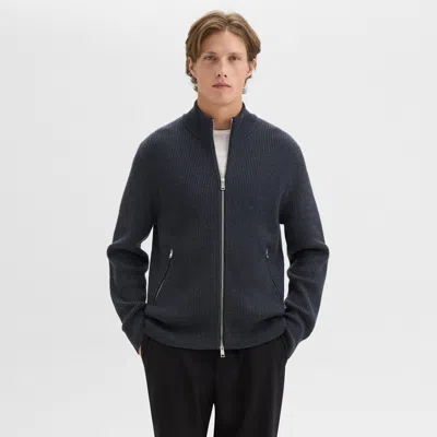 Theory Ribbed Zip-up Cardigan In Merino Wool In Dark Grey Heather