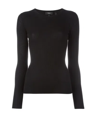 Theory Ribbed-knit Slim-fit Crewneck Jumper In Black